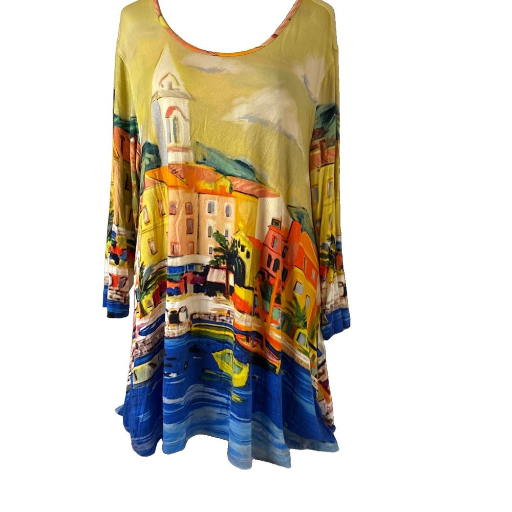 Multiples Tunic Top Womens 1X/2X Italy Village Print Scoop Neck colorful Stretch